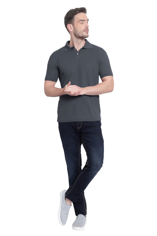 Dark Grey Solid Men Polo Neck T-Shirt for Office