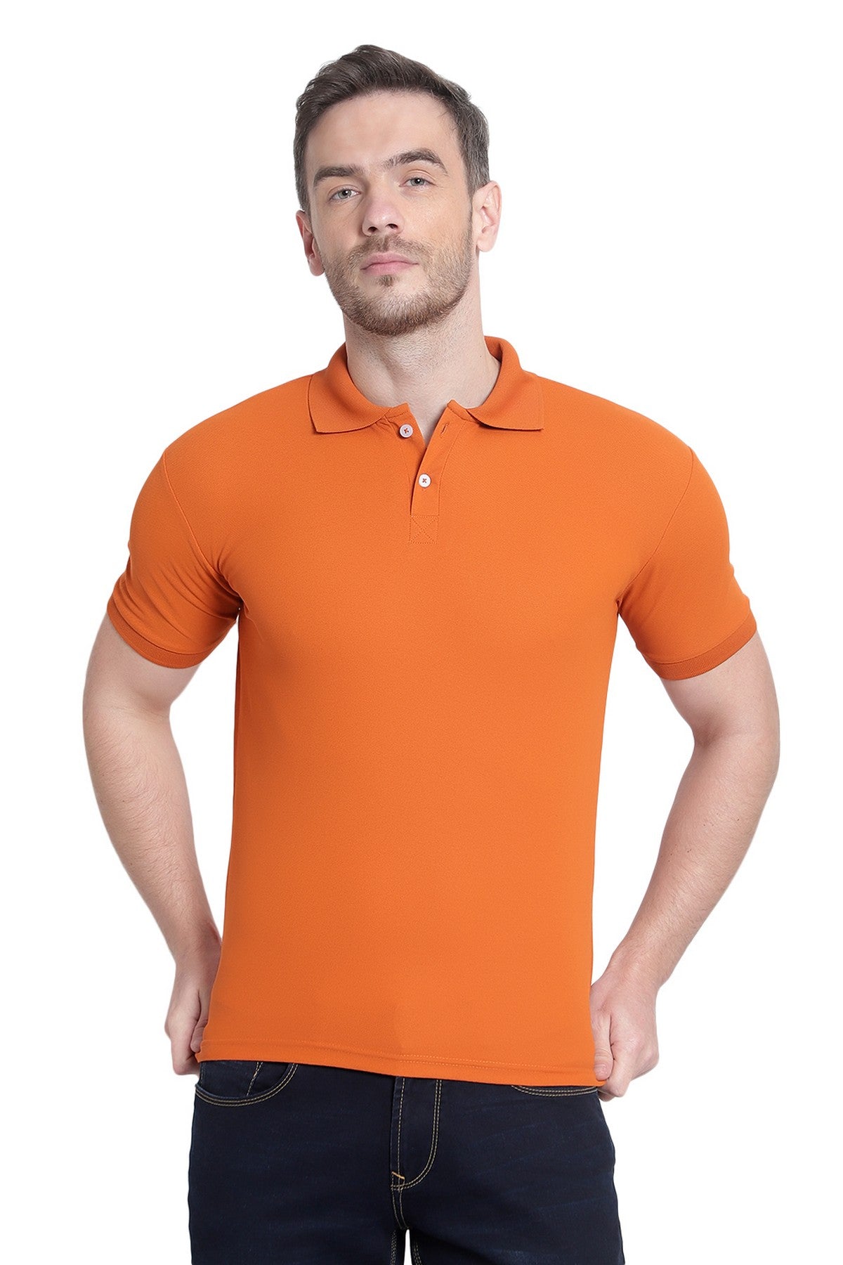 Tangerine Orange Solid Men Polo Neck T-Shirt for Office