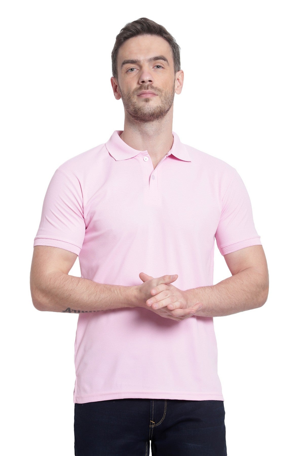 Light Pink Solid Men Polo Neck T-Shirt for Office