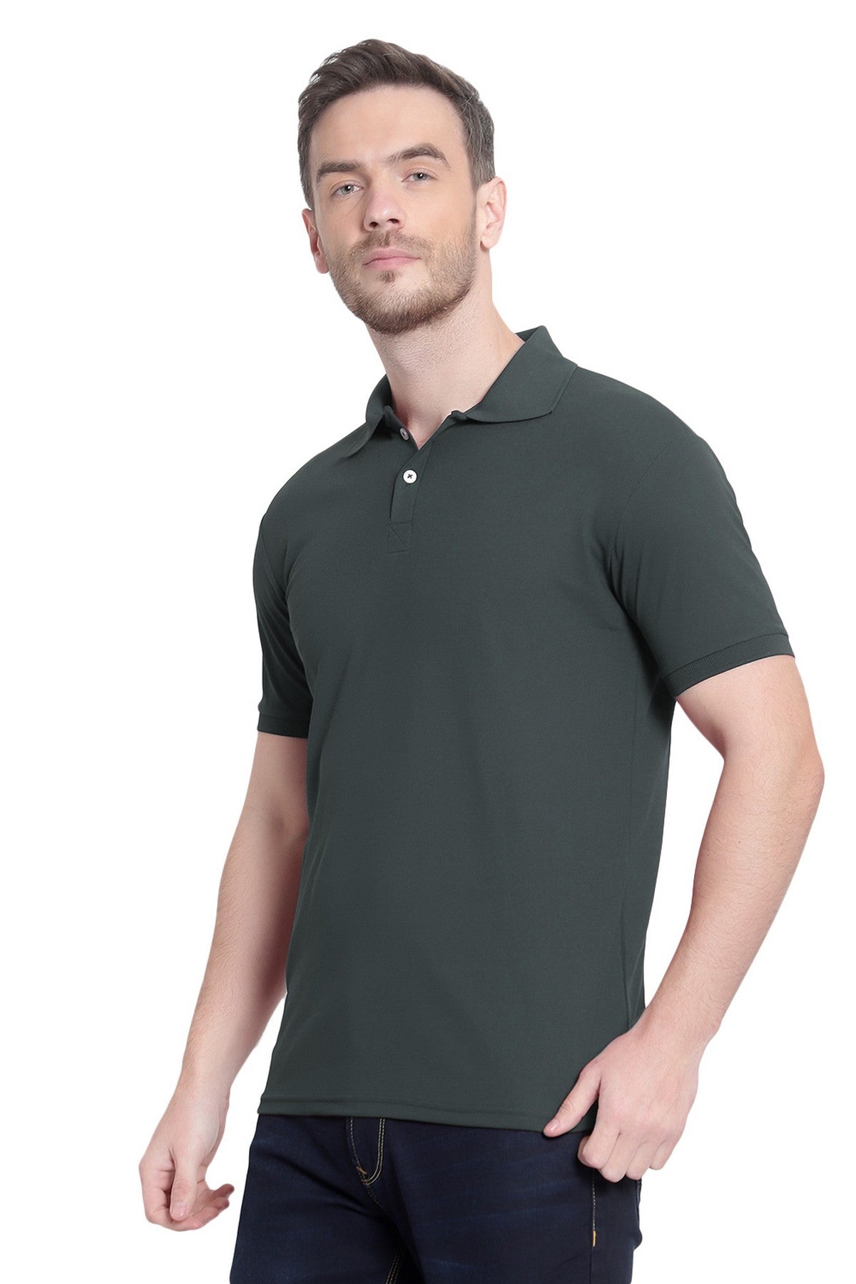 Dark Green Solid Men Polo Neck T-Shirt