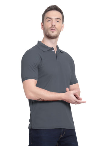 Dark Grey Solid Men Polo Neck T-Shirt for Office