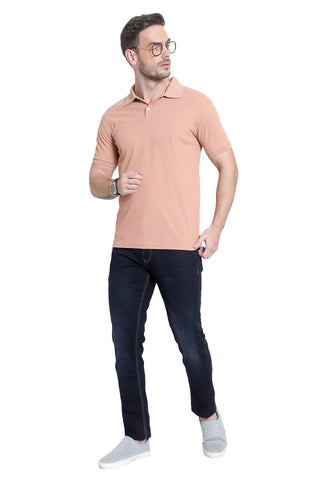 Solid Men Polo Neck Peach T-Shirt