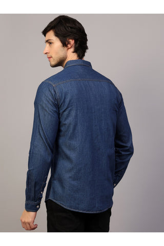 Men Blue Slim Fit Solid Spread Collar Casual Denim Shirt