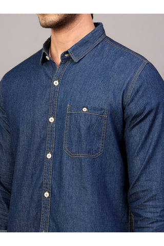 Men Blue Slim Fit Solid Spread Collar Casual Denim Shirt