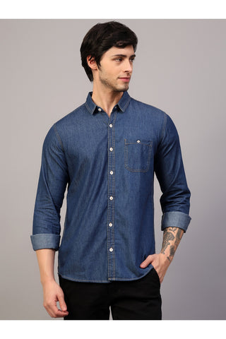 Men Blue Slim Fit Solid Spread Collar Casual Denim Shirt