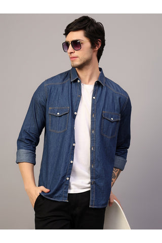 Men Blue Slim Fit Solid Spread Collar Double Pocket Casual Denim Shirt