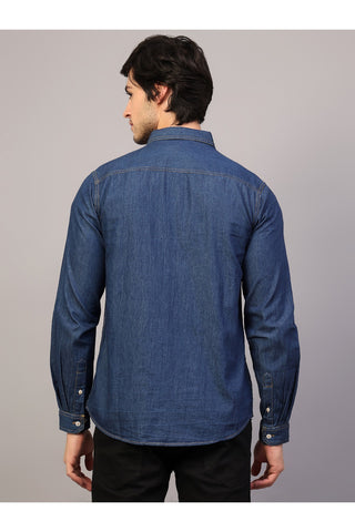 Men Blue Slim Fit Solid Spread Collar Double Pocket Casual Denim Shirt