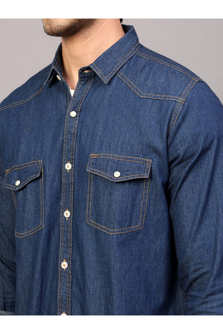 Men Blue Slim Fit Solid Spread Collar Double Pocket Casual Denim Shirt