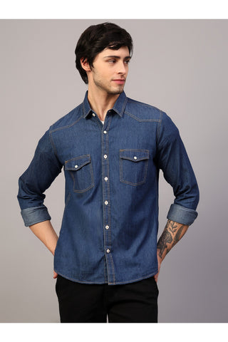 Men Blue Slim Fit Solid Spread Collar Double Pocket Casual Denim Shirt