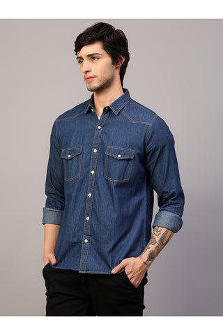 Men Blue Slim Fit Solid Spread Collar Double Pocket Casual Denim Shirt