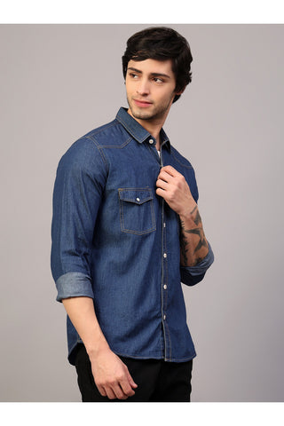 Men Blue Slim Fit Solid Spread Collar Double Pocket Casual Denim Shirt