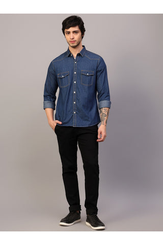 Men Blue Slim Fit Solid Spread Collar Double Pocket Casual Denim Shirt