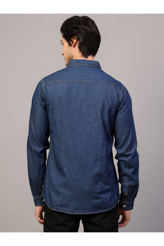 Men Blue Slim Fit Spread Collar Double Pocket Casual Denim Shirt