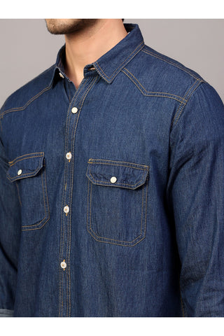 Men Blue Slim Fit Spread Collar Double Pocket Casual Denim Shirt