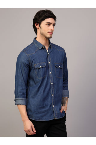 Men Blue Slim Fit Spread Collar Double Pocket Casual Denim Shirt