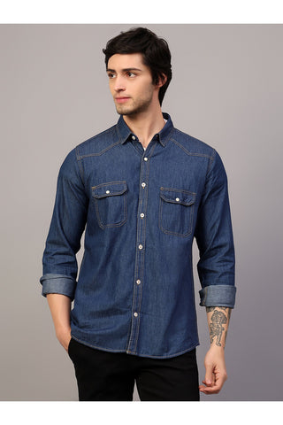 Men Blue Slim Fit Spread Collar Double Pocket Casual Denim Shirt