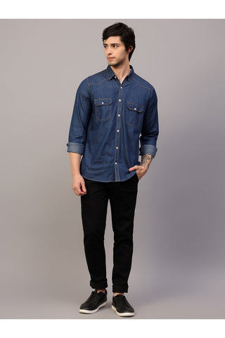 Men Blue Slim Fit Spread Collar Double Pocket Casual Denim Shirt