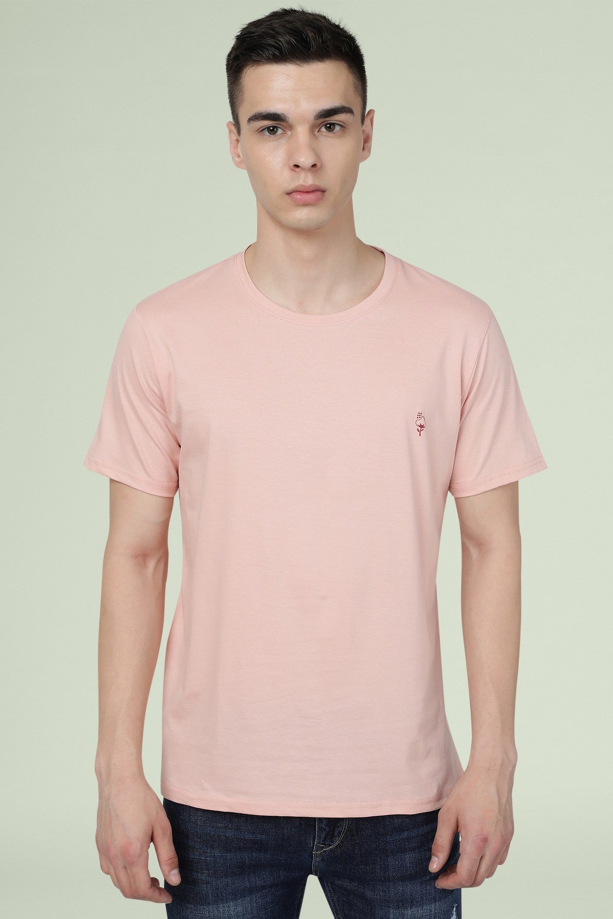 Light Pink Solid Men Half Sleeve Pure Cotton Round Neck T-Shirt