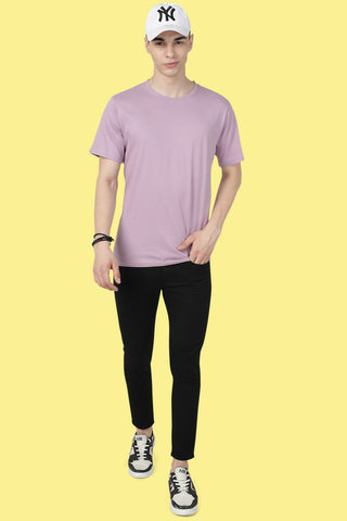 Light Purple Solid Men Half Sleeve Pure Cotton Round Neck T-Shirt