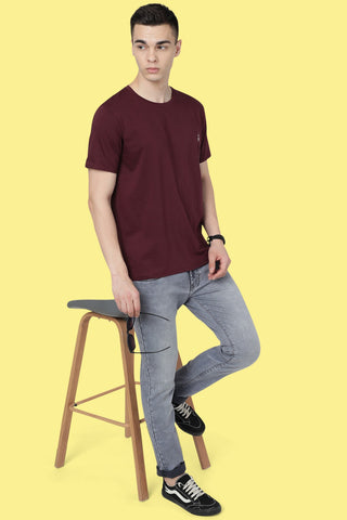 Maroon Solid Men Half Sleeve Pure Cotton Round Neck T-Shirt