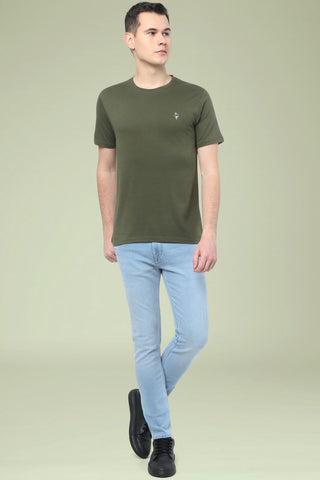 Olive green Solid Men Half Sleeve Pure Cotton Round Neck T-Shirt