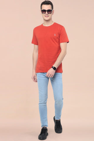 Orange Solid Men Half Sleeve Pure Cotton Round Neck T-Shirt