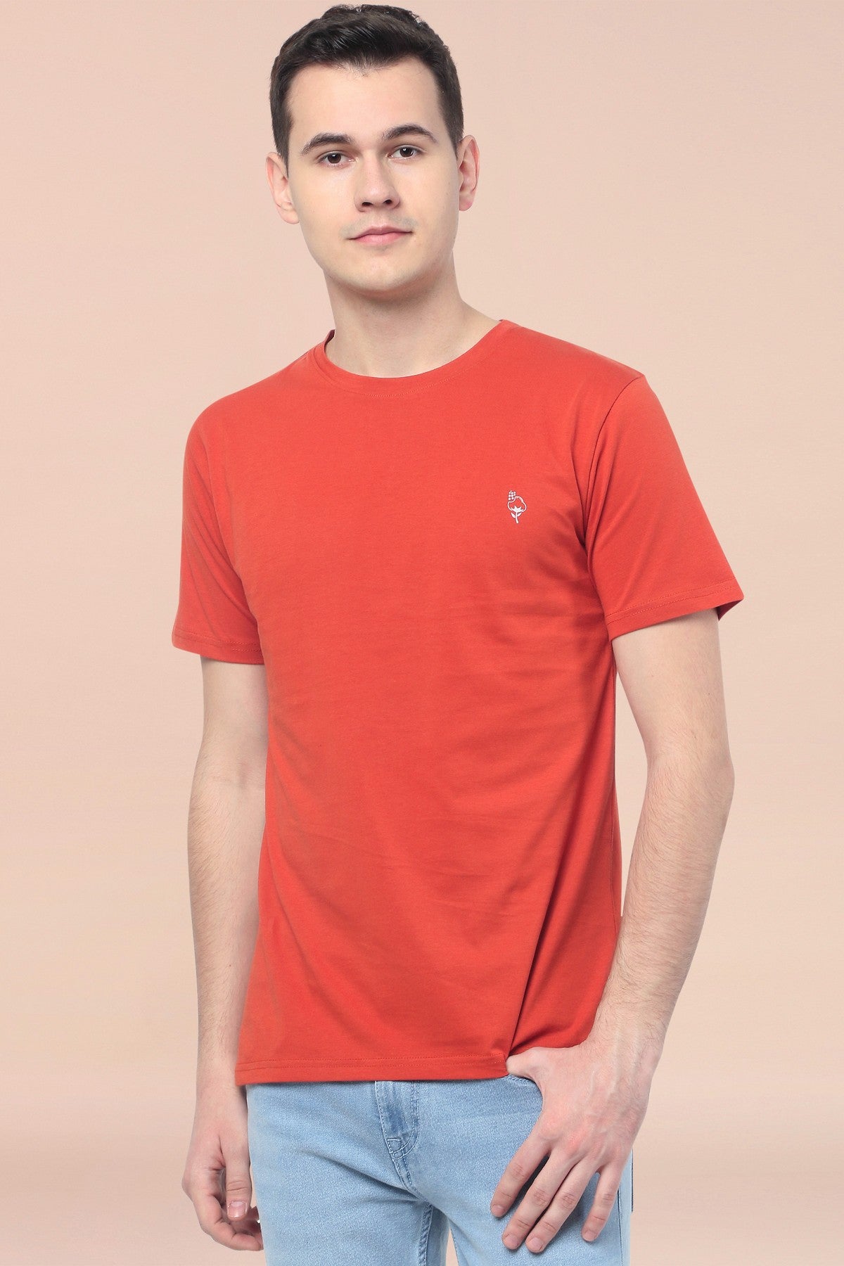 Orange Solid Men Half Sleeve Pure Cotton Round Neck T-Shirt