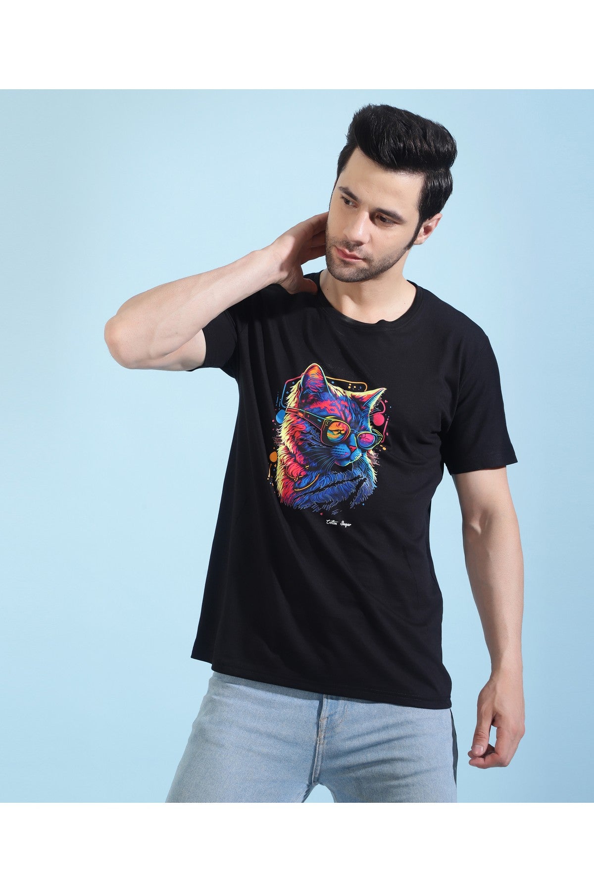 Manticore Men Animal Print Round Neck Pure Cotton Black T-Shirt