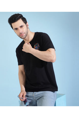 Manticore Men Bravo Printed Round Neck Pure Cotton Black T-Shirt