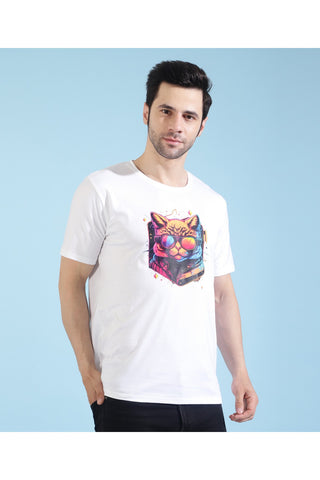 Manticore Men Animal Print Round Neck Pure Cotton White T-Shirt