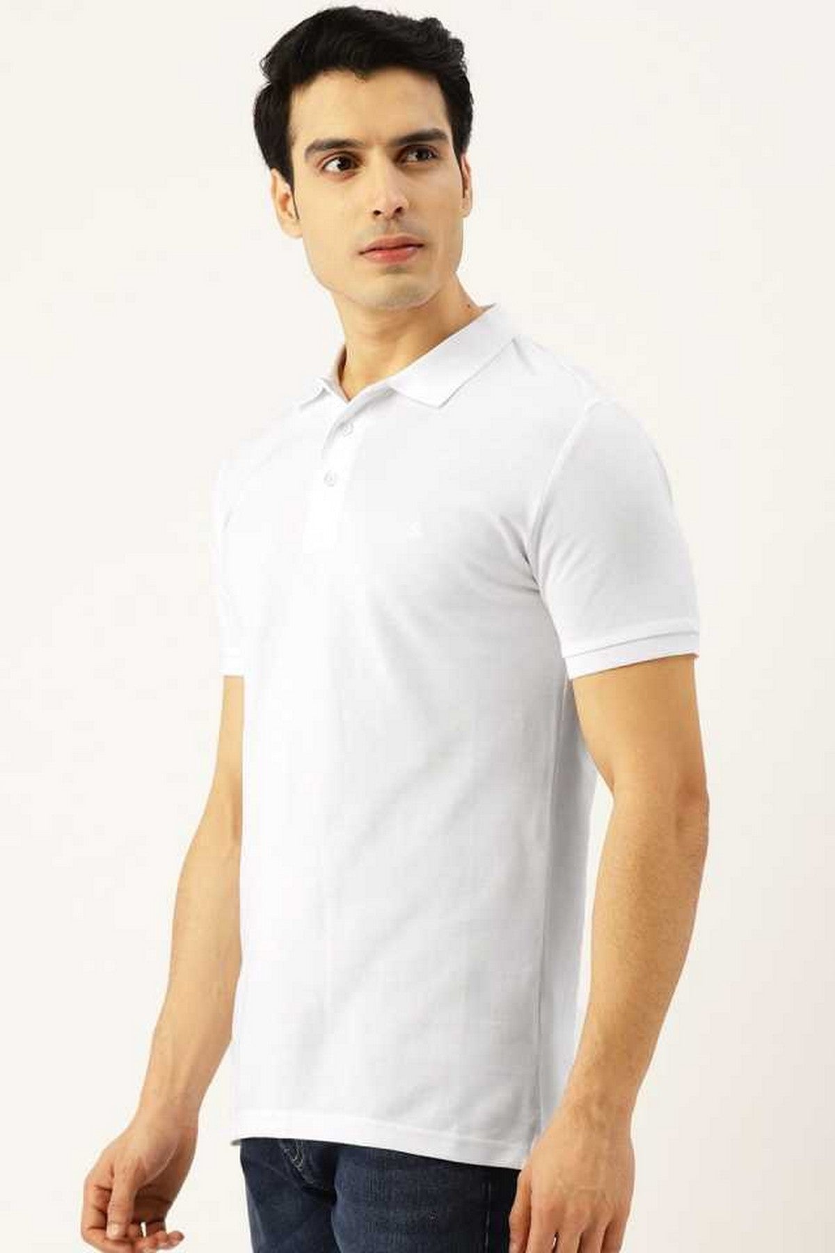 Men White Solid Polo Neck T-shirt