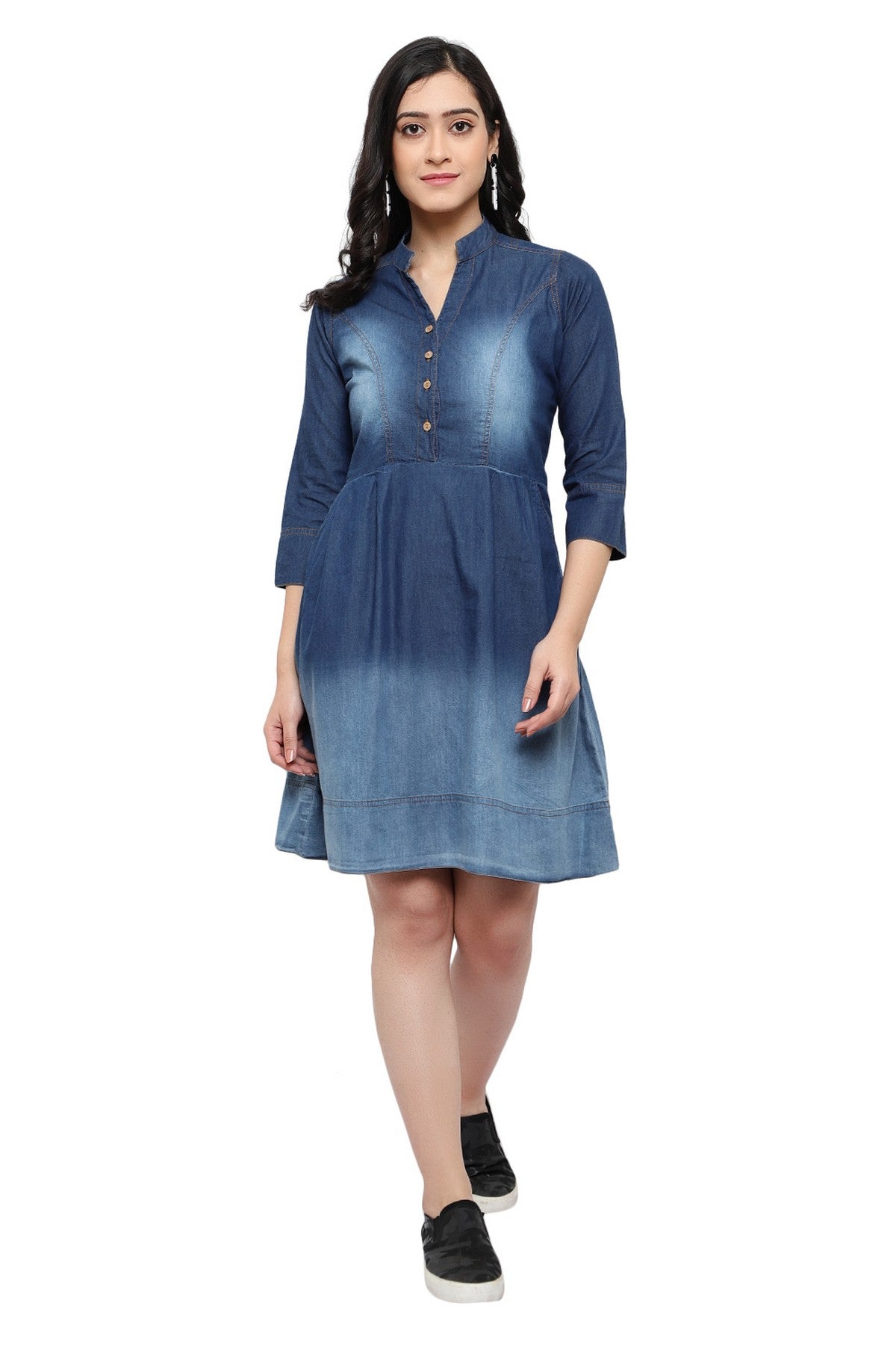 Gorgeous Women Blue Solid Fit and Flare denim party wear Dress frock