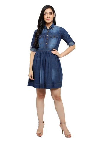 stunning Women Blue Solid Fit and Flare denim party wear Dress frock