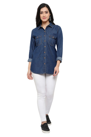 Nice-looking Blue Smart Regular Fit Solid Casual Denim Shirt for women