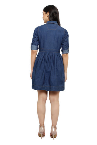 stunning Women Blue Solid Fit and Flare denim party wear Dress frock