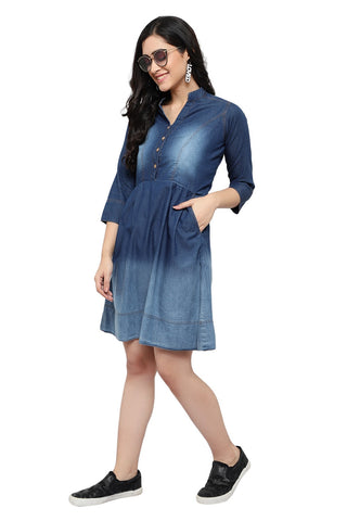 Gorgeous Women Blue Solid Fit and Flare denim party wear Dress frock