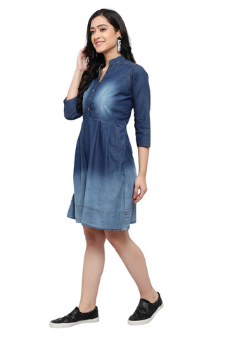 Gorgeous Women Blue Solid Fit and Flare denim party wear Dress frock