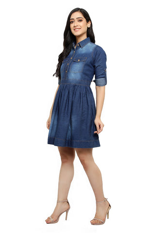 stunning Women Blue Solid Fit and Flare denim party wear Dress frock