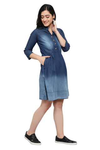 Gorgeous Women Blue Solid Fit and Flare denim party wear Dress frock