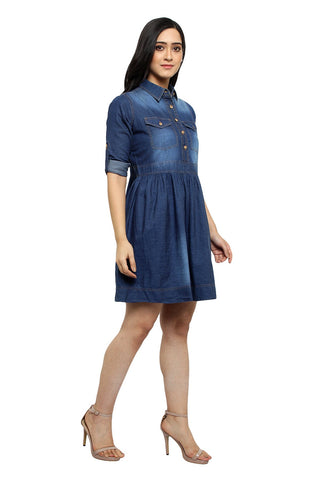 stunning Women Blue Solid Fit and Flare denim party wear Dress frock