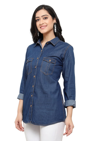 Nice-looking Blue Smart Regular Fit Solid Casual Denim Shirt for women