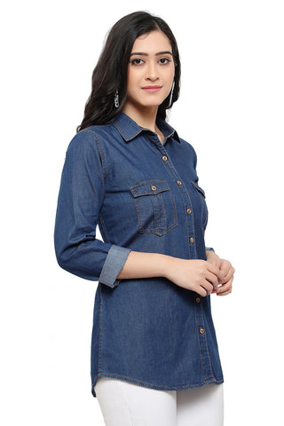 Nice-looking Blue Smart Regular Fit Solid Casual Denim Shirt for women