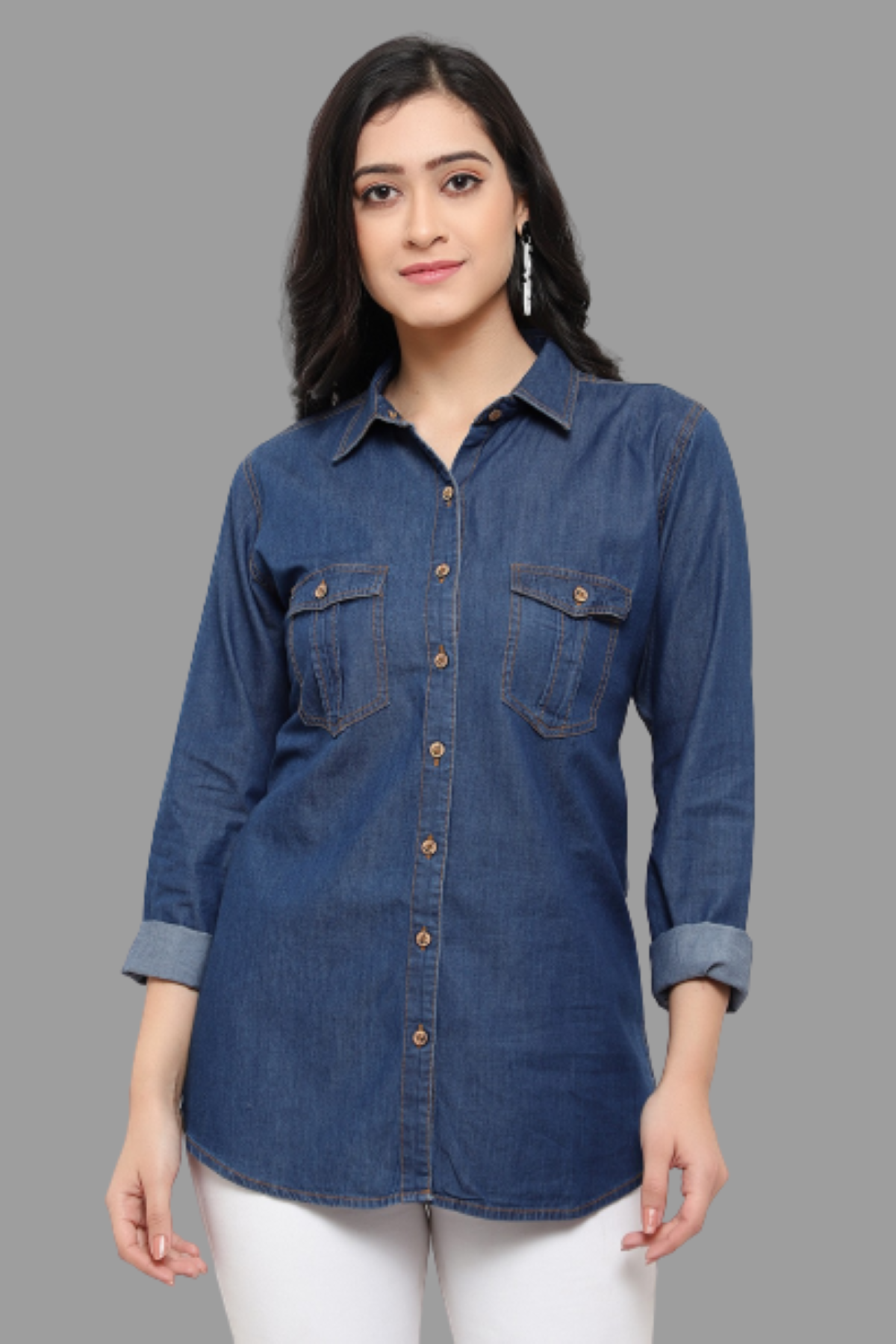 Nice-looking Blue Smart Regular Fit Solid Casual Denim Shirt for women