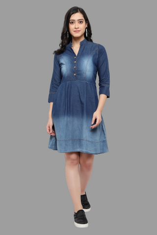 Gorgeous Women Blue Solid Fit and Flare denim party wear Dress frock