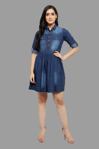 stunning Women Blue Solid Fit and Flare denim party wear Dress frock