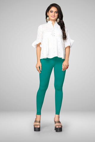 Ocean Green Cotton Lycra Ankle Length Leggings for women & girls