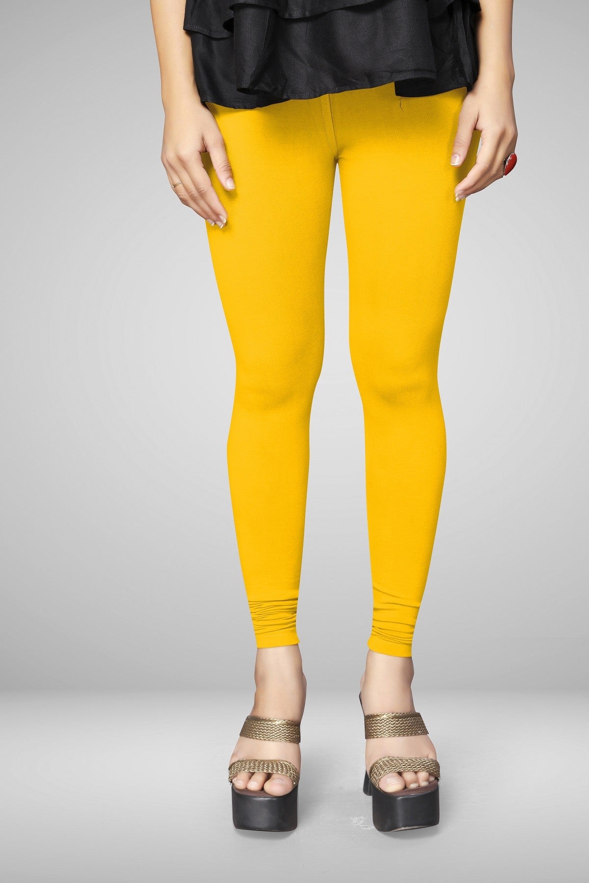 Golden Yellow Cotton Lycra Ankle Length Leggings for women & girls