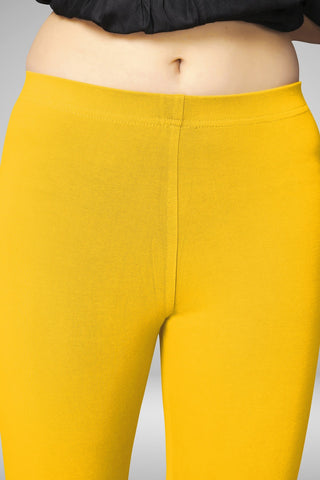 Golden Yellow Cotton Lycra Ankle Length Leggings for women & girls