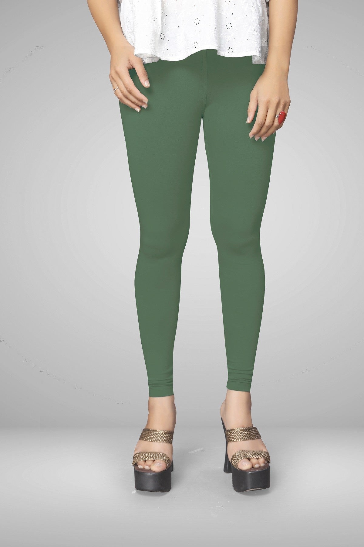 Olive Green Cotton Lycra Ankle Length Leggings for women & girls