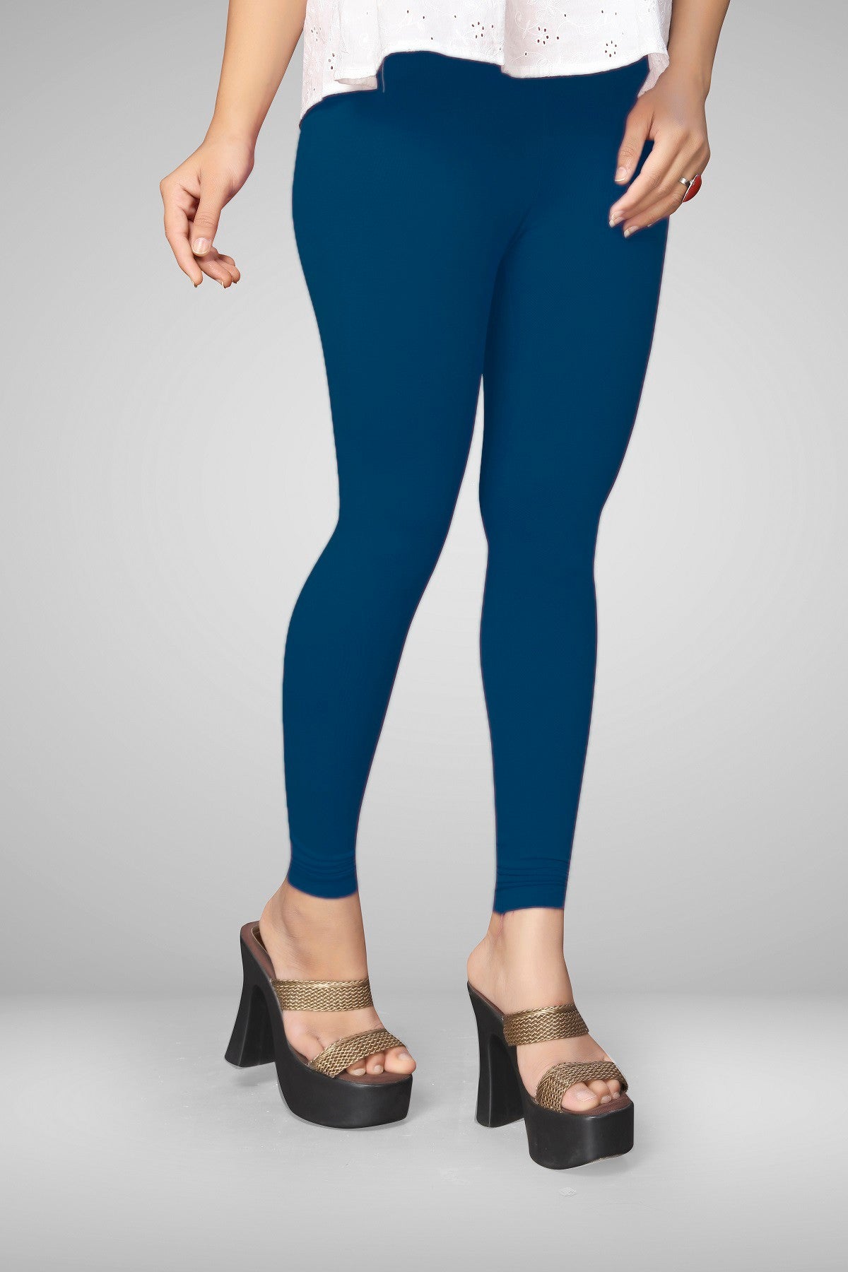 Dark Ocean Blue Cotton Lycra Ankle Length Leggings for women & girls